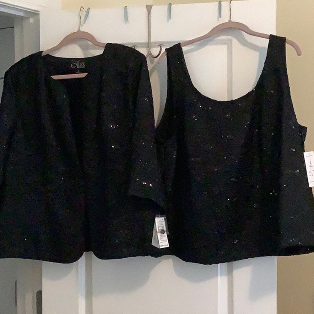 Alex Evenings Black Sequin Top and Jacket Set